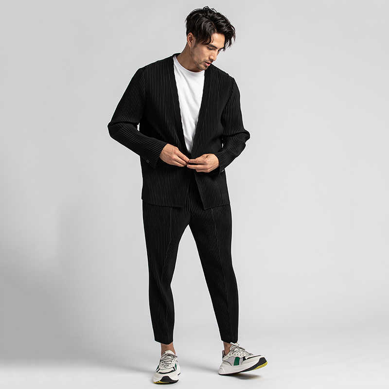 IEFB /men's wear Japan pleated trousers male Autumn wrinkled mid-seam open ankle ankle-length pants elastic waist Y3493 210810