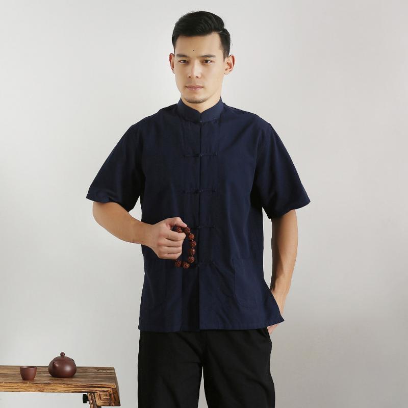 Men's Casual Shirts 100% Cotton Mens Short Sleeve Tang Suit Top Male Tai Chi Uniform Shirt Blouse Traditional Chinese Clothings X7F5