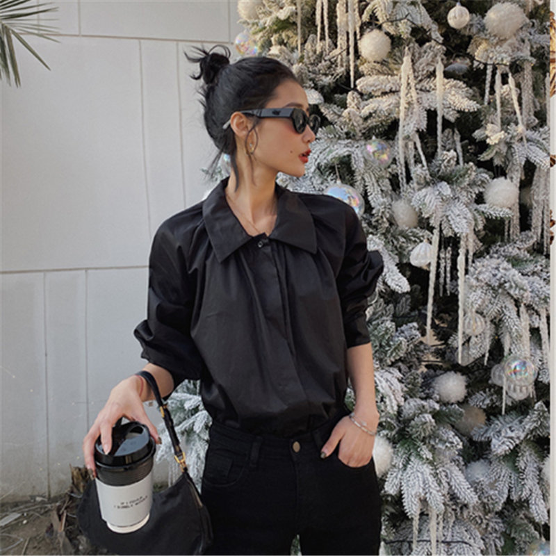 French Retro Loose OL Shirt High Quality Plus Women Blouses Korean Office Lady Elegance Long Sleeve Solid Tops 210421