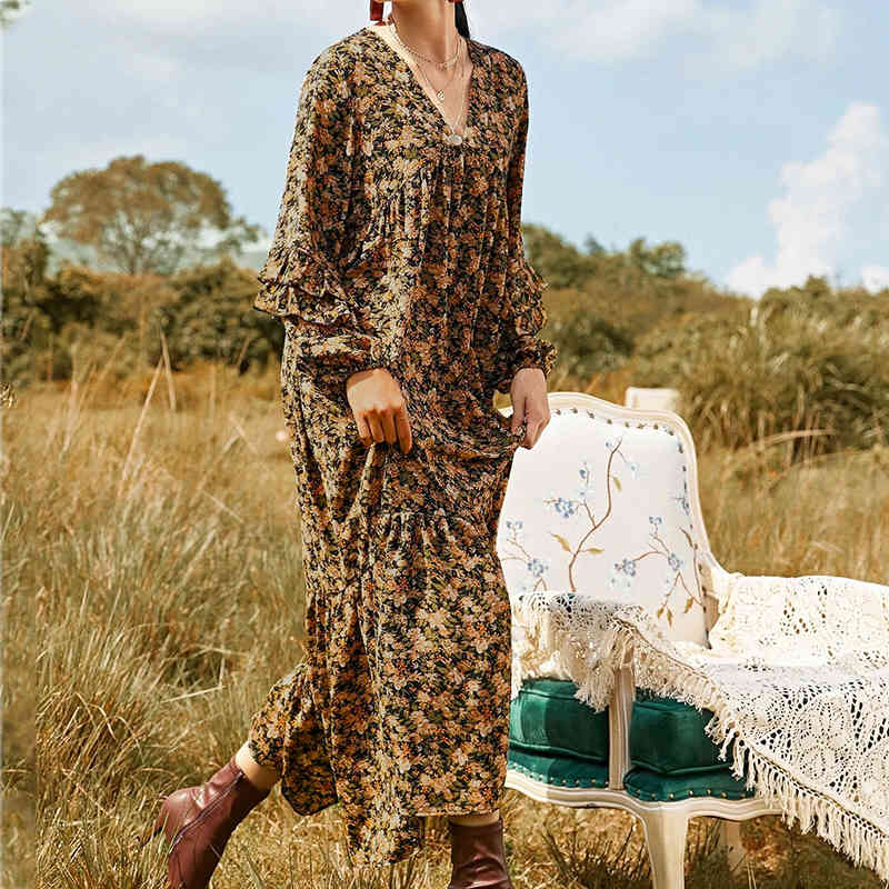 Foridol Floral Print Boho Long Maxi Dress Women V Neck Ruffle Vintage Casual Basic Winter Dresses Loose Dress 210415