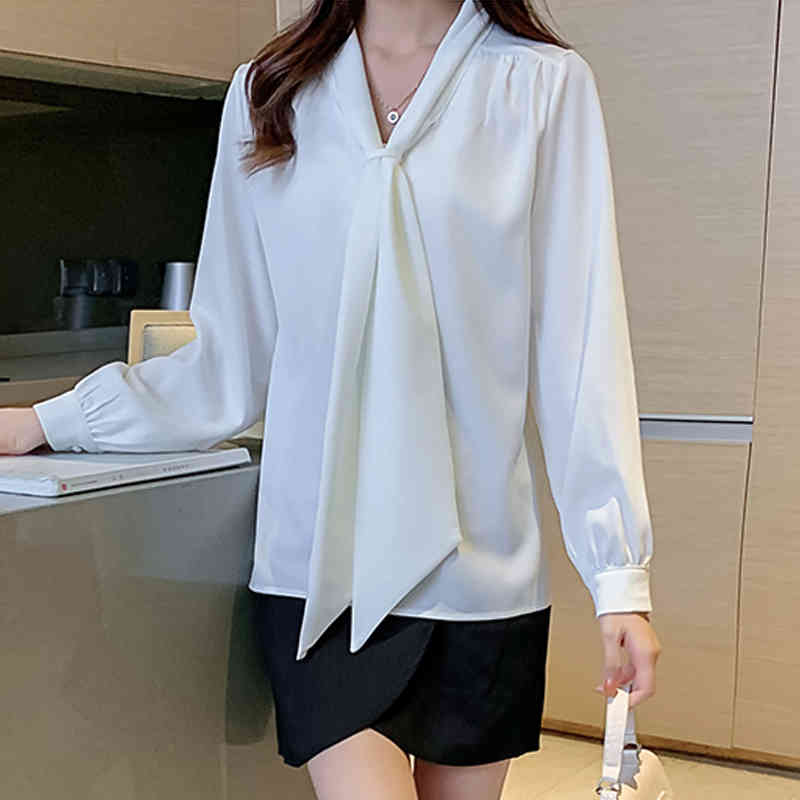 Long Sleeve Office Lady Style V-neck Wome's Shirt Fashion Korean Clothes Bow Lace Up Chiffon Blouse Blusas Mujer 11276 210427