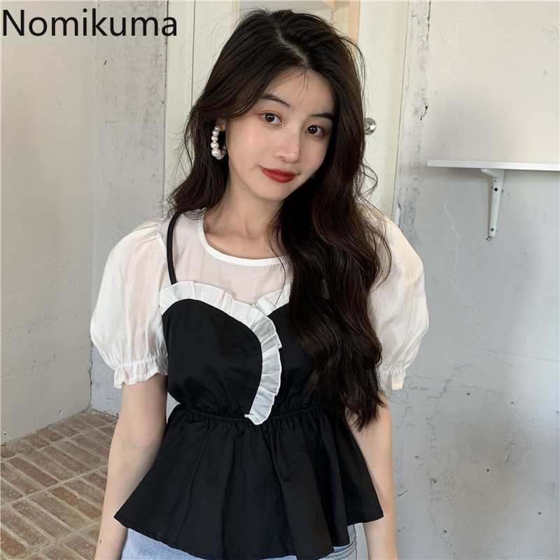 Nomikuma Korean Hit Color Patchwork Women Blouse Tops Ruffle Sweet Puff Sleeve O-neck Blusas Femme Slim Waist Short Shirt 6G319 210427