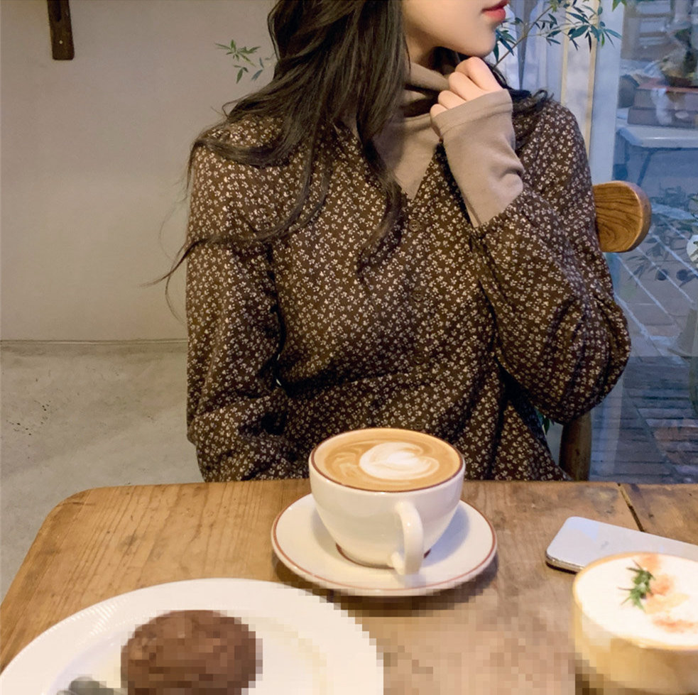 Spring Autumn Girls Drawstring Sleeve Boho Beach V Neck Floral Print Robe Medium Long T-Shirt Dress T0D902C 210416