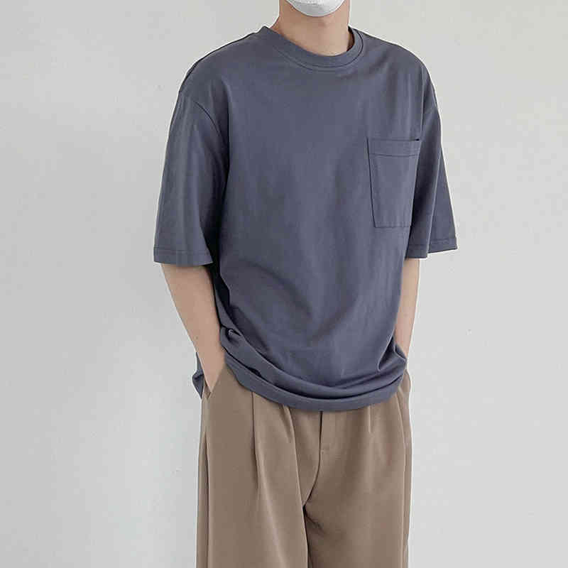 IEFB Small Pocket Solid Color Short Sleeve Men's Round Neck Simple Loose T-shirt Summer Causal Black Tee Tops 9Y7581 210524