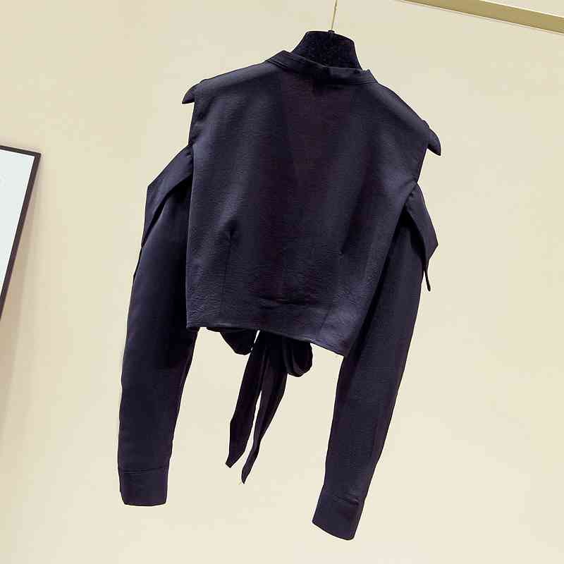 Long Sleeve Chiffon Shirt Solid Black Off-shoulder Blouse Women Autumn Lace-up Waist Tops Bow Tie Cardigan Shirts 11593 210508