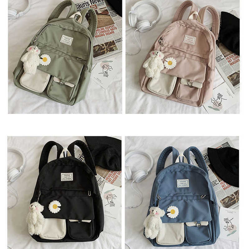 Girls School Bags for Teenagers Student Backpack Women Nylon Soft Patchwork Bookbag Teen Panelled Flowers Casual Schoolbag Black 210809