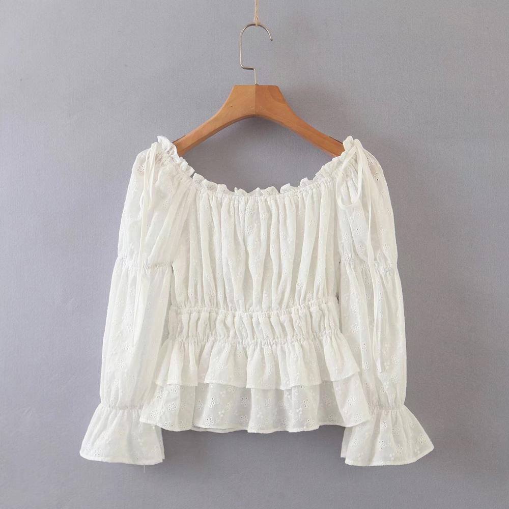 Women White Embroidery Hollow out Hole Wood ears Off Shoulder Leg Sleeve Shirt Retro Elastic Ruched Short Blouse Sweet Tops 210429