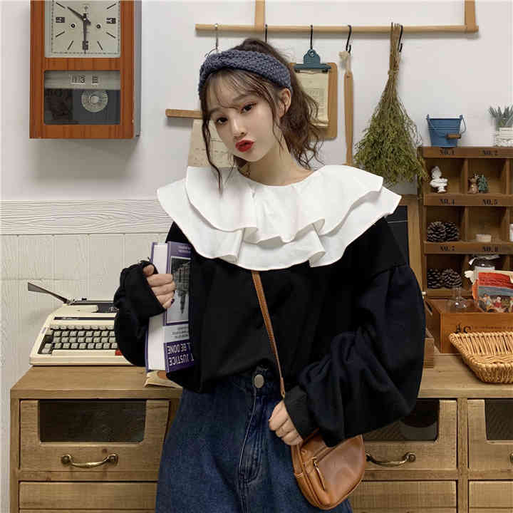 Nomikuma Women Sweatshirt Double Ruffle Peter Pan Collar Sweet Pullover Tops Autumn Korean Causal Long Sleeve Hoodie 6C246 210427