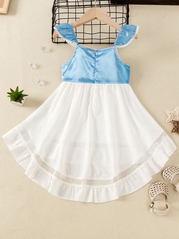 Toddler Girls Two Tone Guipure Lace Insert Ruffle High Low Hem Dress SHE