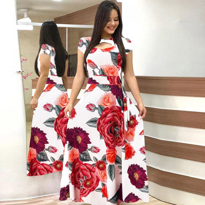 Spring Summer Women's Dress Fashion Floral Print Elegant Casual O Neck Hollow Out Boho Maxi Dreses Plus Size Vestidos 210522