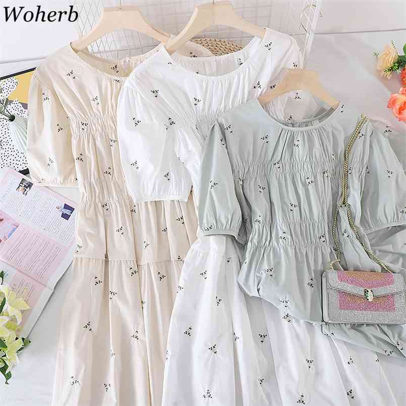 Woher Embroidery Dress Female Korean Gentle Temperament O Neck Short Sleeve Vestidos Slim Waist Simple Pleated Loose Dresses 210519, Apricot 
Woher Embroidery Dress Female Korean Gentle Temperament O Neck Short Sleeve Vestidos Slim Waist Simple Pleated Loose Dresses 210519, Apricot