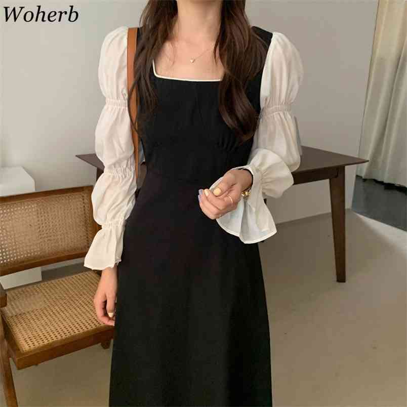 Autumn Women Vintage Dress Puff Sleeve Patch High Waist Slim Elegant Hit Color Maxi Korean Fashion Clothes 210519