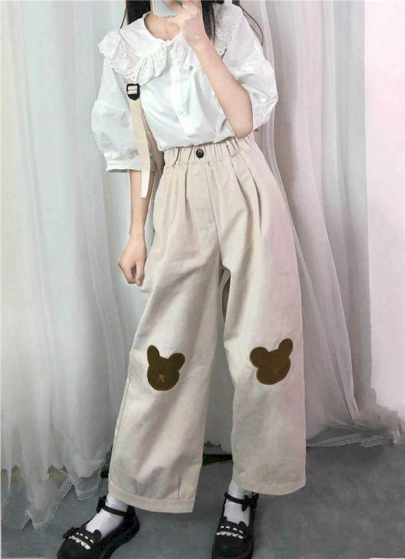 Cute bear wide-leg pants women prep summer Korean college style loose wild straight nine points casual student 210526