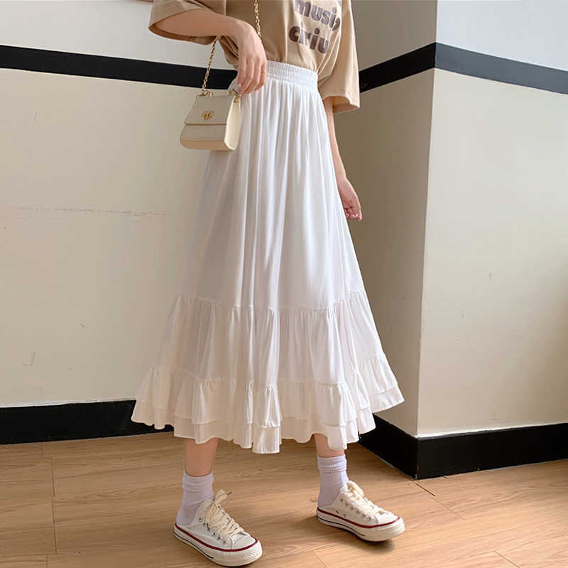 Vintage High Waisted Skirt Women Spring Autumn Teens School Girls Frill Pleated Ruffles Patchwork Long Midi Black Goth Skirts 210619