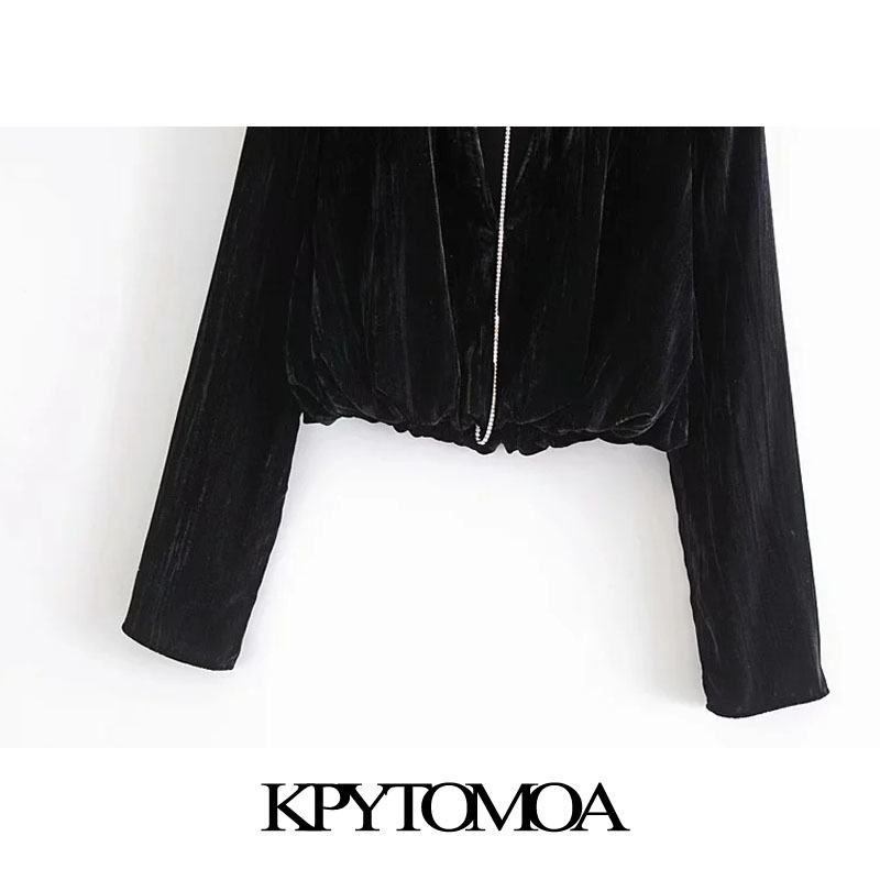 Women Fashion With Bejewelled Chain Velvet Cropped Blouses Long Sleeve Elastic Hem Female Shirts Chic Tops 210420