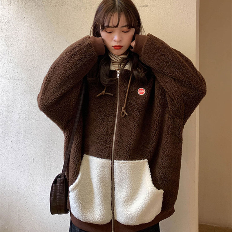 2colors korean style Women Winter Hoodie Coats Warm Zipper Jacket Casual Clothing lamb fur thick warm Coat womens (X1215) 210423