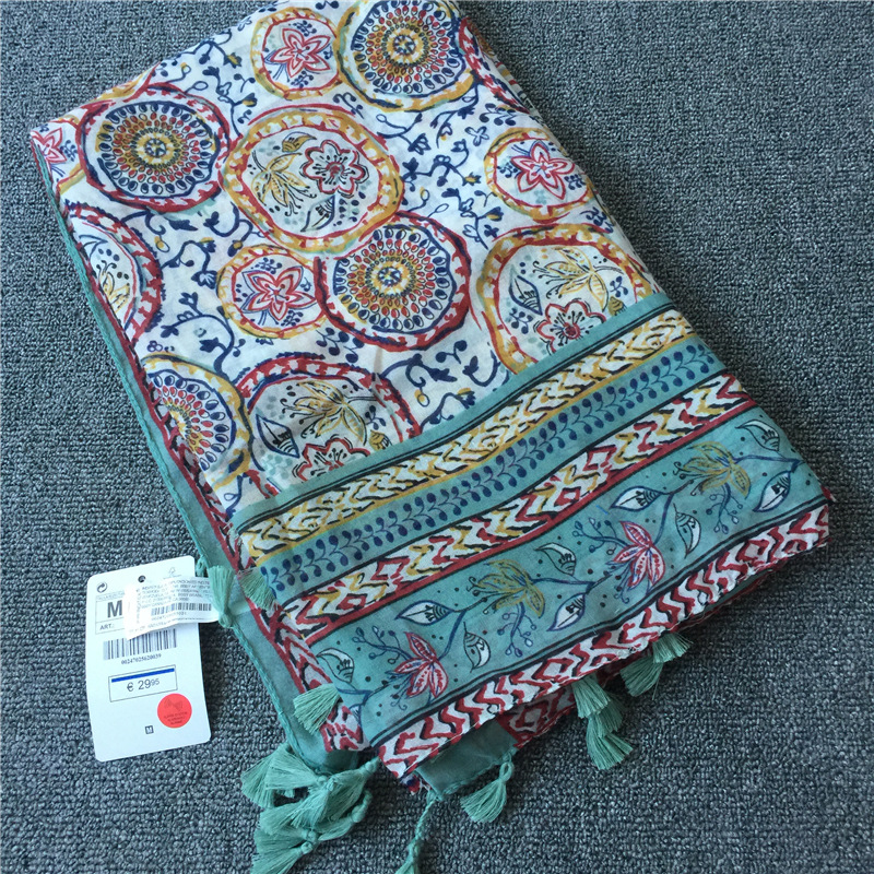 Spring and Summer New Retro Ethnic Fashion Holiday Sunscreen Silk Scarf Colored Cashew Small Plum Blossom Fringed Scarf Shawl