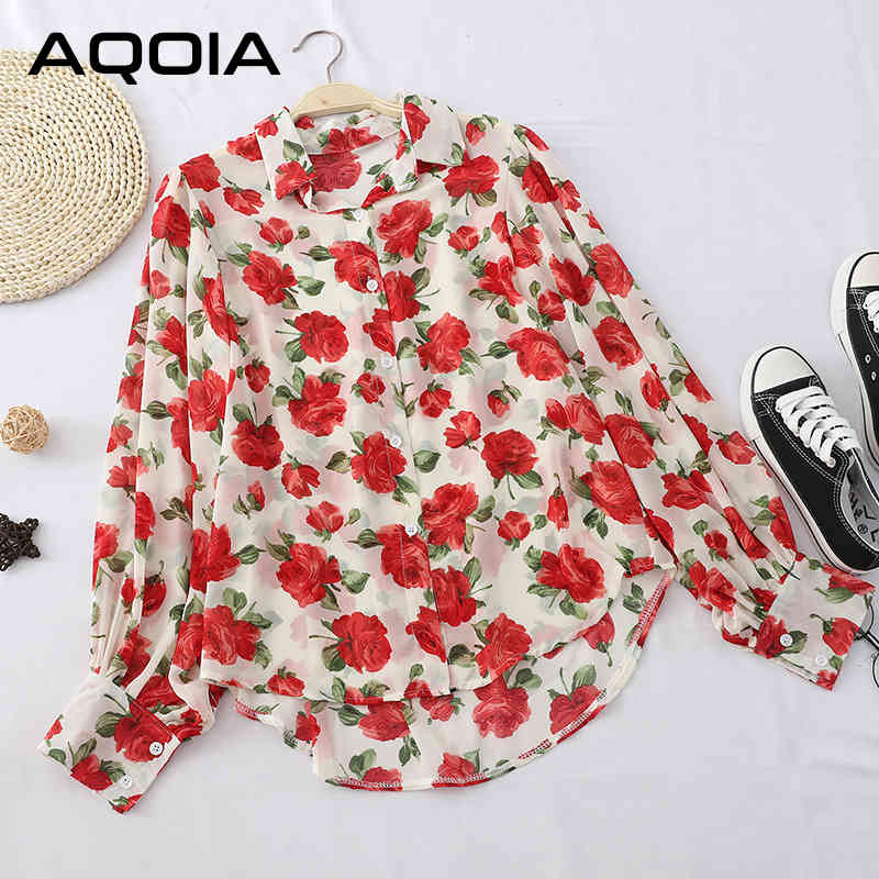 AQOIA Long Sleeve Floral Women Chiffon Shirt Button Up Vintage Turn Down Collar Blouse Spring Office Lady Blouses 210521