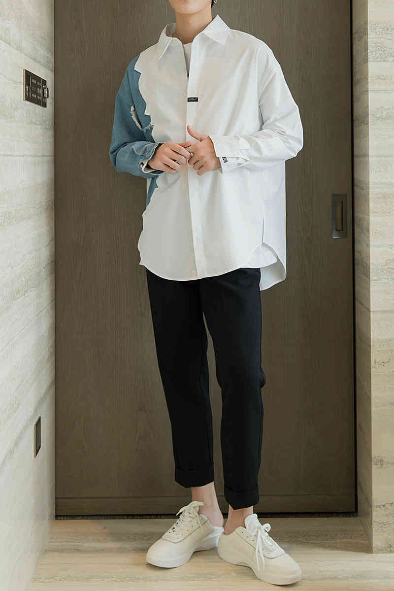 IEFB men's wear color block patchwork white shirt for male fashion loose long sleeve korean shirt vintage streetwear 9Y2453 210524