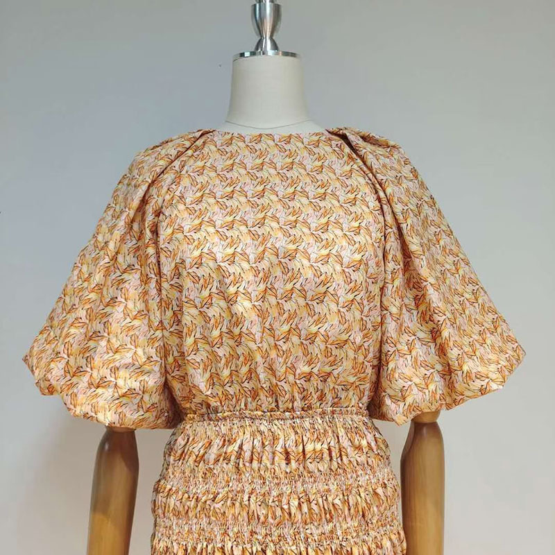 VGH Print Casual Dress For Women O Neck Lantern Short Sleeve High Waist Hollow Out Bodycon Dresses Female Summer Fashion Clothes 210421