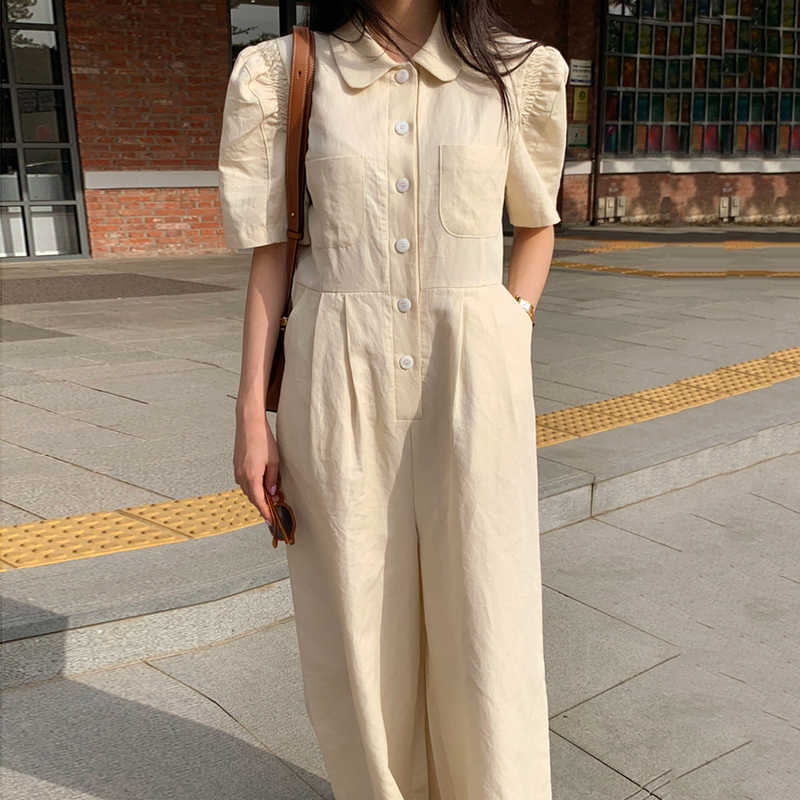 Korejpaa Women Jumpsuits Summer Western-Style Age-Reducing Lapel Multi-Pocket Loose Single-Breasted Puff Sleeve Overalls 210526