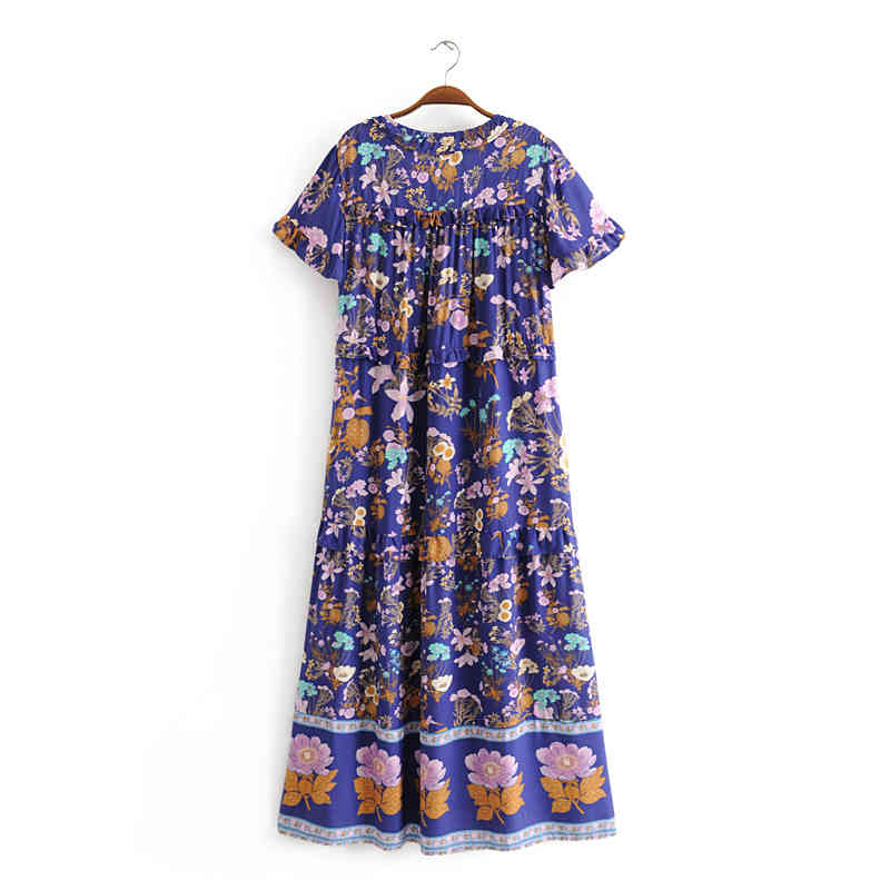beauty Bohemian Beautiful Floral Print Maxi Dress Women Holiday Fashion Ruffles Loose Dresses Female Vestido De Moda 210514