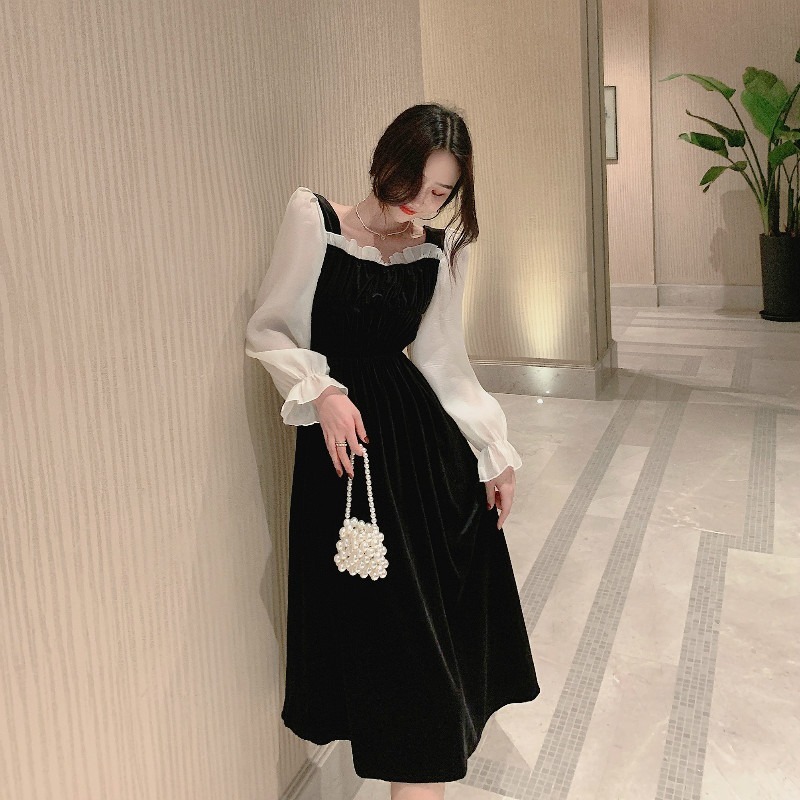 Black Vintage Dress Women Square Collar Long Sleeve Evening Party Retro Gothic Dress Female Dress Korean Autumn 210521