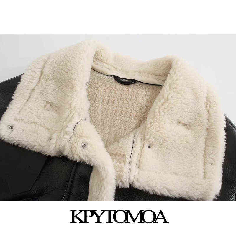 KPYTOMOA Women Fashion Thick Warm Faux Leather Shearling Jacket Coat Vintage Long Sleeve Flap Pockets Female Outerwear Chic Tops 211130