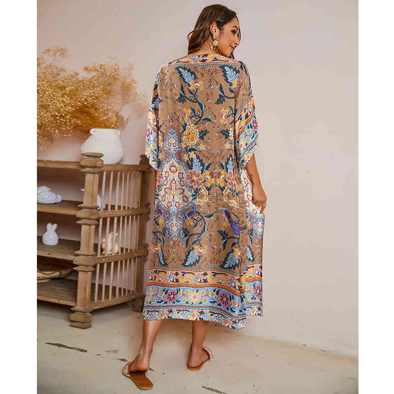 Boho Printed Bikini Wrap Cover-ups Sexy 3/4 Sleeve Summer Kimono Dress Women Plus Size Beach Wear Swim Suit Cover Up A855 210420