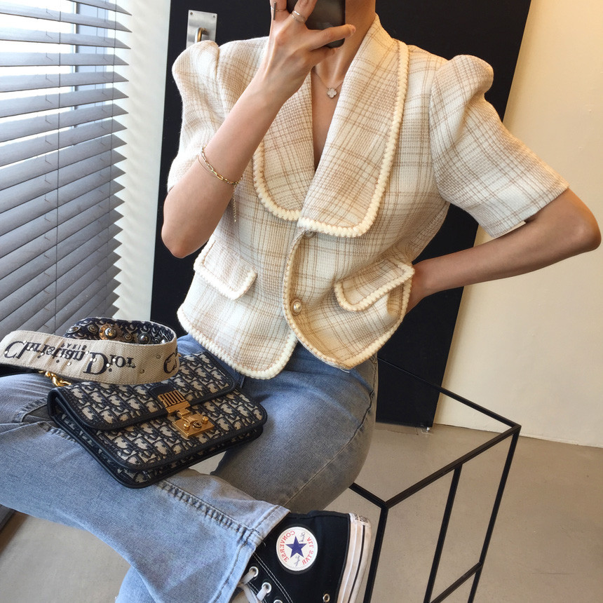 Temperament Ladies Korea Style Plaid Tweed Women Short Sleeve Jacket Spring Elegant Female Fashion Casual Chic Cardigan Top 210519
