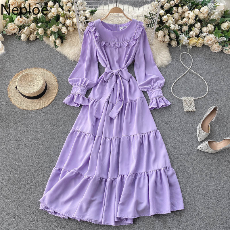 Neploe Sweet Dress Women O Neck Puff Sleeve Ruffles Slim Dresses Beach Holiday Chic Bow Robe Temperament Maxi Vestidos 210422