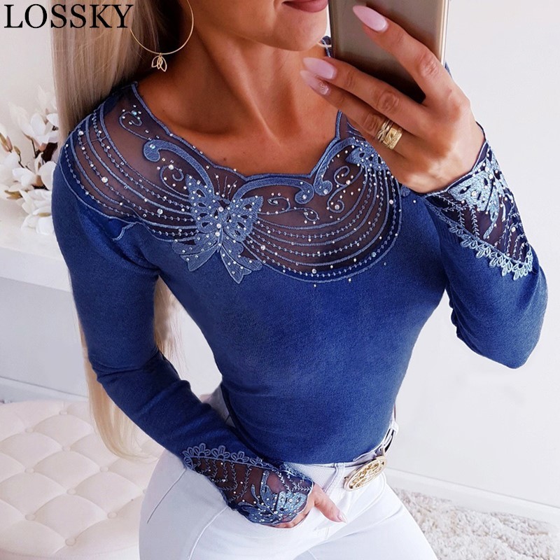 Autumn Winter Mesh Lace Beading Patchwork Sexy Bodycon Women's T-shirt Slim Long Sleeve Black Tshirt Female Shirt Blusas 210507