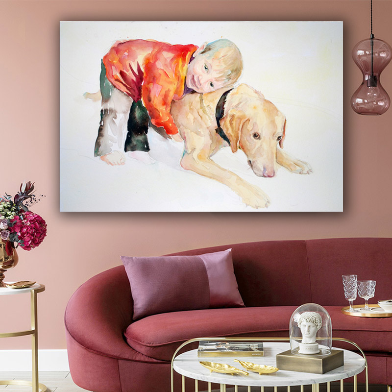 Abstract Canvas Print Poster Boy and Dog Playing Companion Wall Art Picture For Living Room Home Decor Canvas Painting No Frame