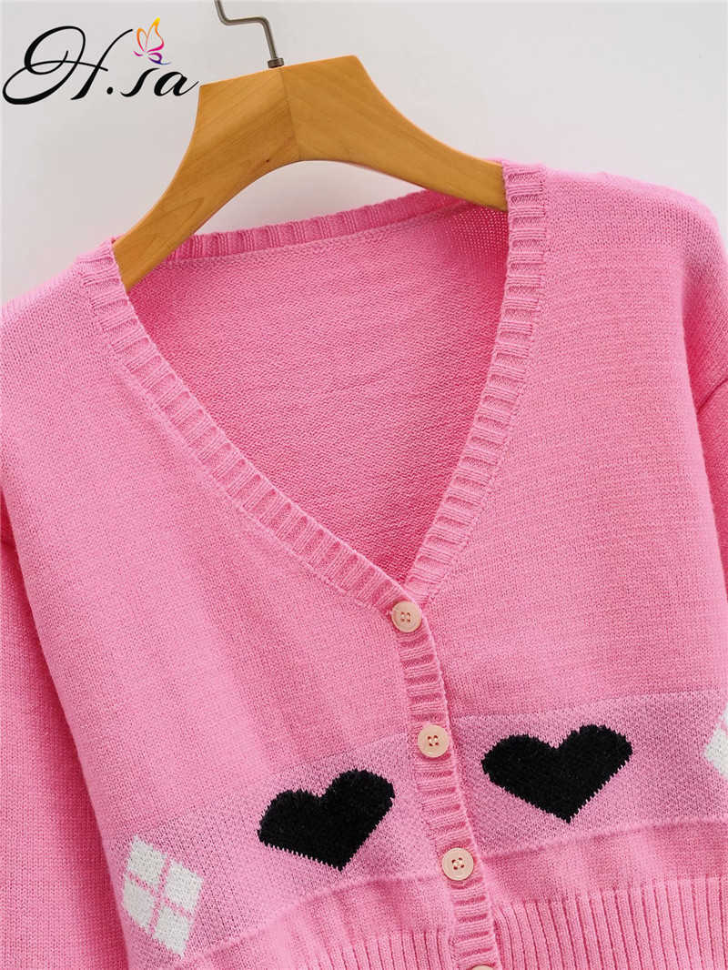 HSA Women Winter Cardigan Sweater V-Neck Sweet Heart Cute Knit Button Ins Jacket Kawaii Chic Short Sweater Cardigan Coat To 210716