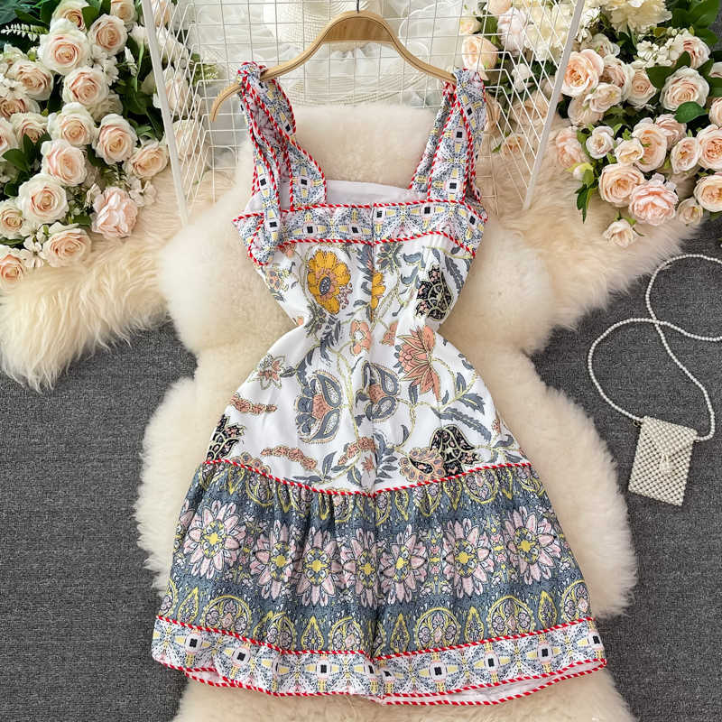 DEAT Women Printing Sling Dress Slash Neck Sleeveless Arrivals Lady Temperament Fashion Spring Summer 11D1405 210709