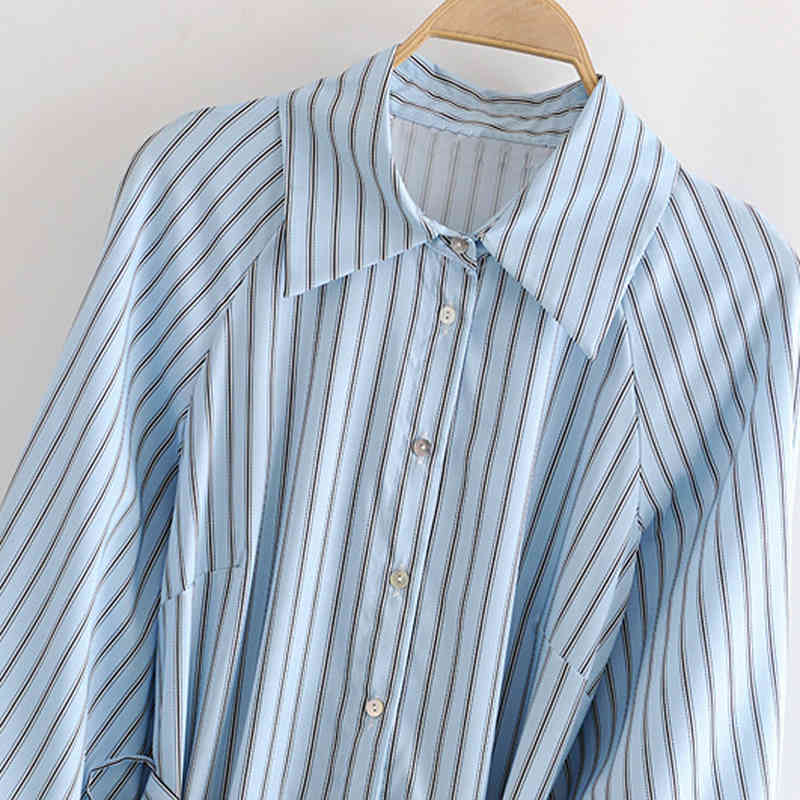 Fashion Women Striped Dress Long Sleeve Ladies Elegant Long Shirt Dresses Casual Turn Down Collar Office Dress Robe Femme 210414