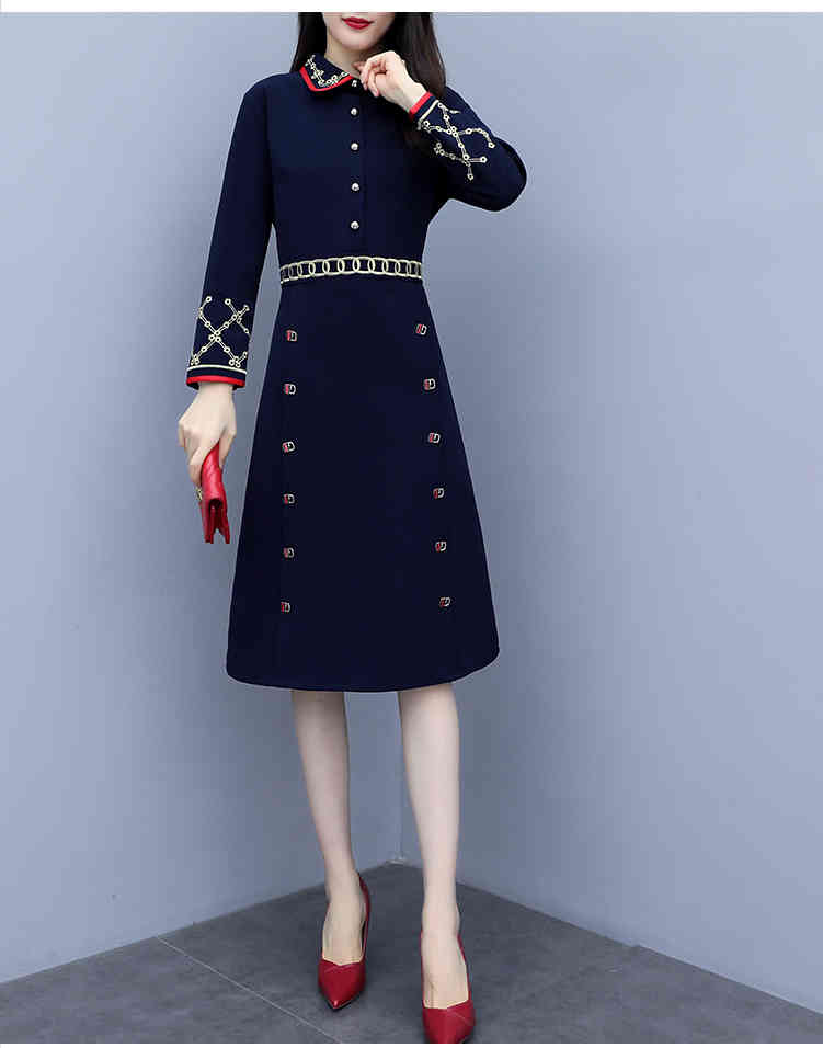 Autumn Blue Elegant Embroidered Dress Women Plus Size Long Sleeve Ol Style Vintage Party A-line Dresses Vestidos Mujer 210518