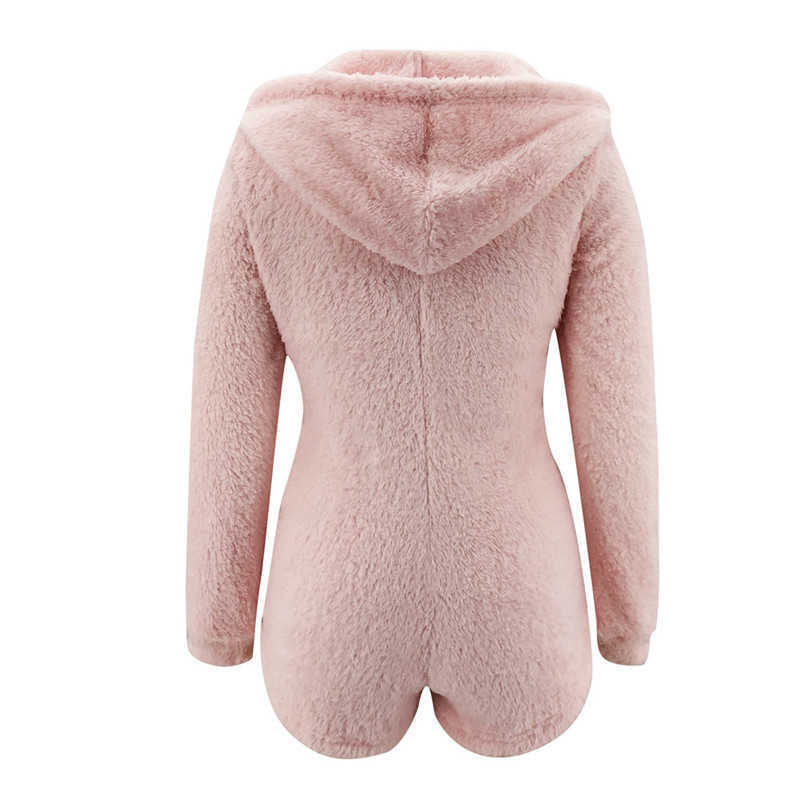 Fashion Women Warm Plush Playsuits Winter Sexy Hooded Zipper V Neck Long Sleeve Solid Slim Jumpsuits Casual Pink Ladies Rompers 210526