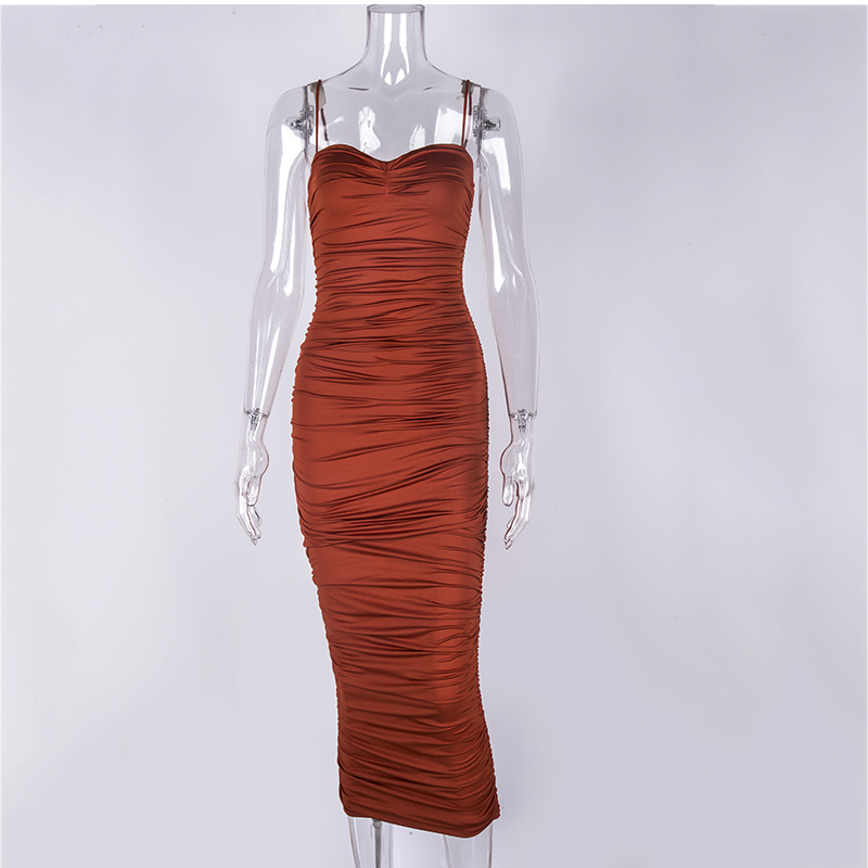 NewAsia 2 Layers Summer Dress Women Pleated Long Dress Sexy Spaghetti Straps Ruched Party Dress Brown Vestidos Robe Femme 210331