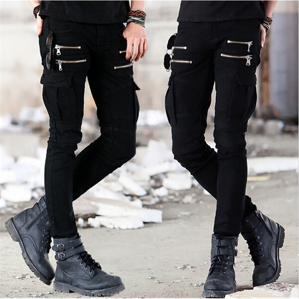 Mens Skinny Runway Distressed slim elastic jeans hiphop Washed Green Black Zipper Pockets Denim Biker Pencil Solid jeans X0621 - view 4