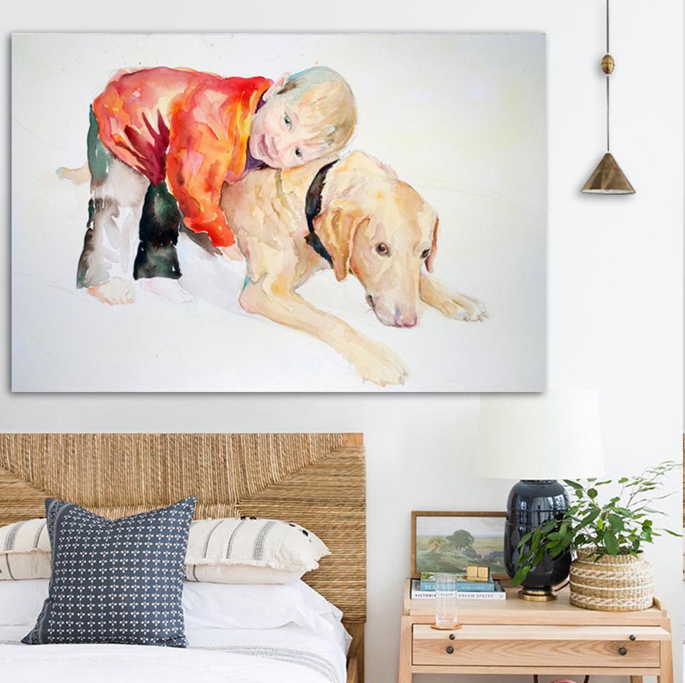 Abstract Canvas Print Poster Boy and Dog Playing Companion Wall Art Picture For Living Room Home Decor Canvas Painting No Frame