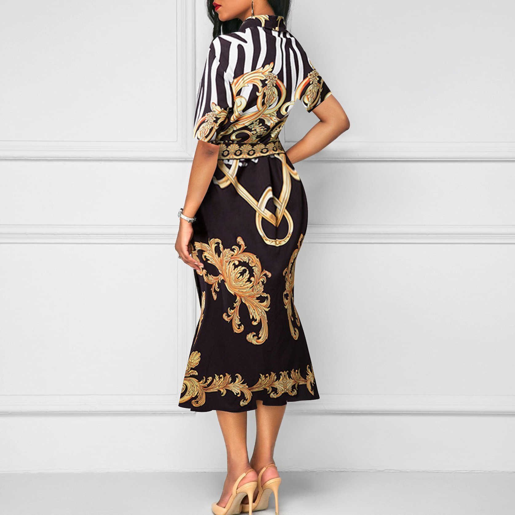 Retro Print Turn Down Collar Bag Hip Sheath Mid-Calf Dresses Women 210615Z