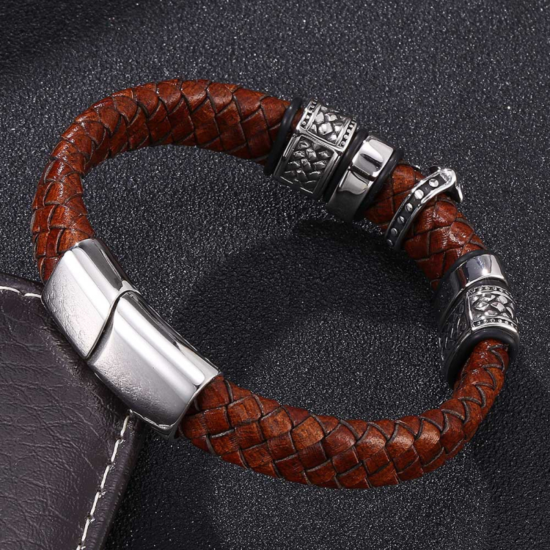 Stainless Steel Cross Charm Magnetic Buckle Bracelet Multilayer Genuine Leather Bracelets for Men Gift