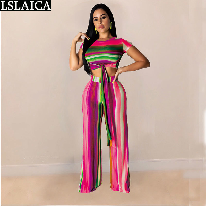 Two Piece Set Women Crop Top Lacing&Long Pant Color Print Casual Sexy 2 Plus Size African 2 s Womens Outfits 210520