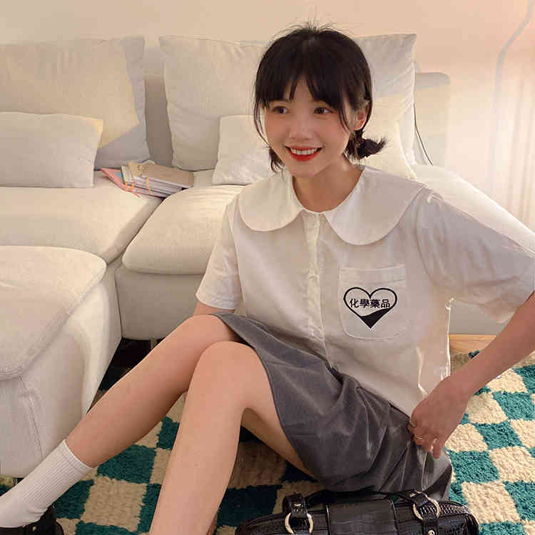 korean style embroidery Pocket short sleeve blouse women White blouses loose summer tops (F4299) 210423