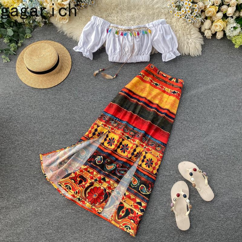 Gagarich Women Two Piece Set Bohemian Style Fashion Female Short Sleeve Crop Shoulder Tops Wild Long Split Skirt Dress