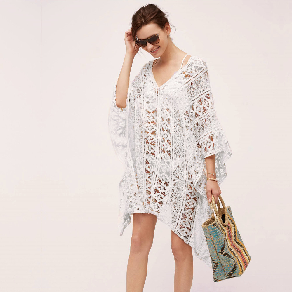 Sexy Hollow Out Bats Sleeve Summer Dress Beach Cover Up Plus Size Women Beachwear White Lace Tunic Bikini Cover-ups Q889 210420