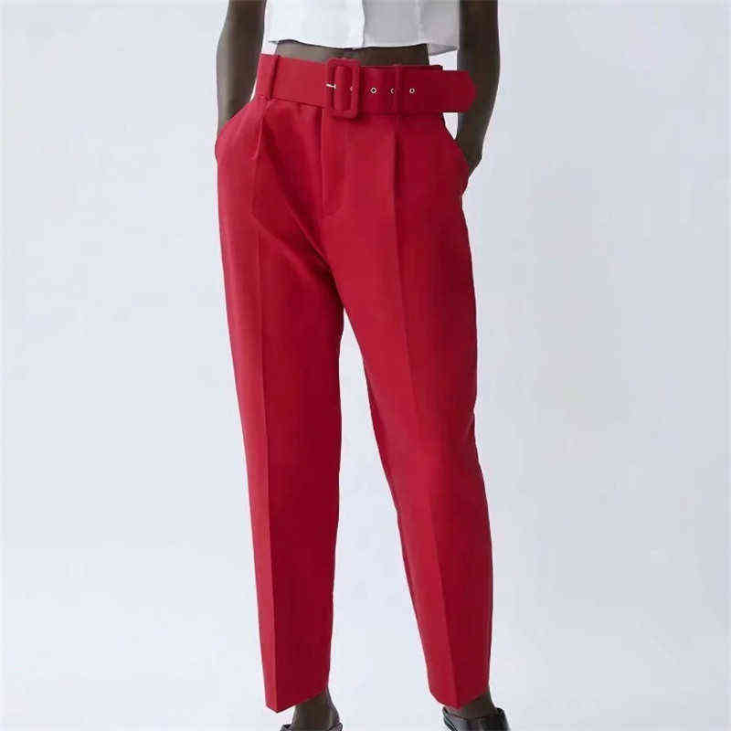 BLSQR Autumn Winter Green Suit Pants Woman High Waist Sashes Pockets Office Ladies Fashion Solid Trousers 211115