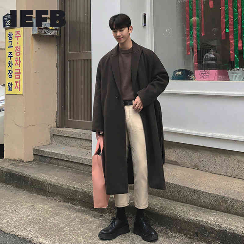 IEFB Men's Autumn Winter Thickened Woolen Coat Men's Medium Long Over The Knee Korean Single Button Overcoat With Belt 9Y5235 210524