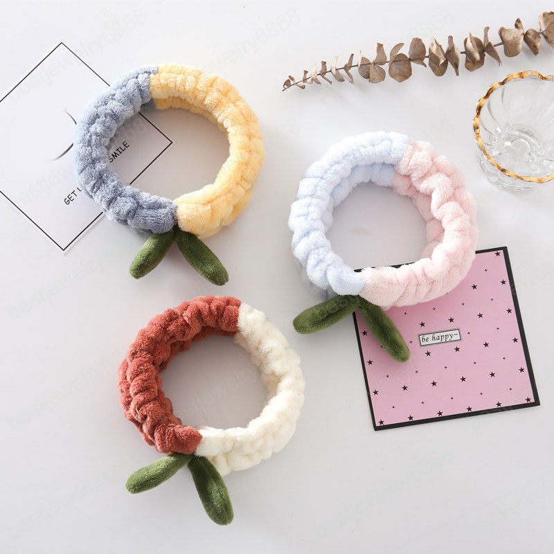 Coral Fleece Headband Grass Bud Hairband Elastic Hair Band Splicing Color Headwrap Turban Makeup Plush Hair Accessories